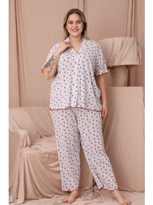 Wordex Mrn 1851 Pointel Ince Kumaş Düğmeli Kısa Kollu Büyük Beden Kadın Pijama Takımı