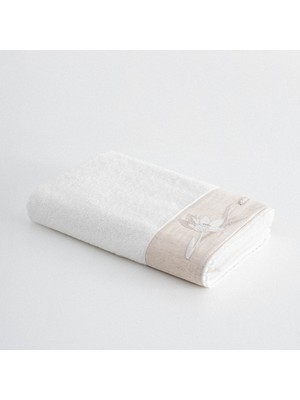 Ecocotton Mihra Banyo Havlusu %100 Organik Pamuk Keten Bordürlü El Nakışlı Krem 80X150 cm