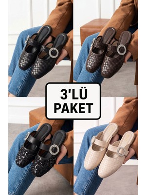 Albishoes 3'lü Karma Paket Kapalı Taş Toka Detaylı Şık Terlik Hediyelik Günlük Çeyizlik Şık Terlik