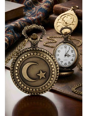Wolawood Türk Bayraklı Antika Görünümlü Köstekli Cep Saati Nostaljik ve Anlamlı Hediye Metal Tasarım Quartz Mekanizma Ay Yıldız Kabartmalı Vintage Hediyelik Saat