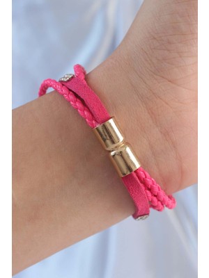 Norino Pembe Renk Zirkon Taşlı Deri Çoklu Bileklik