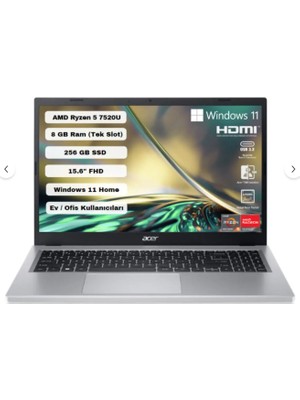 Acer Aspire A315-24P Ryzen 5 7520U8 GB 256 GB M2 SSD15.6" Fhd Radeon EKRANW11H | Yenilenmiş