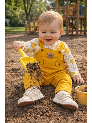 Atlas Baby House Erkek Ayıcık Desenli Waffle Kumaş Baskılı Uzun Kollu Bebek Tulum Takımı