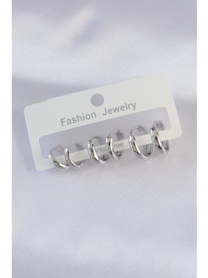 Norino Pirinç Gümüş Renk Oval Bombeli Küpe Seti