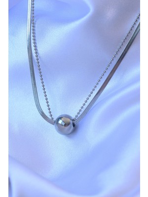 Norino 316L Çelik Çift Zincirli Gümüş Renk Topçuk Italyan Model Kolye