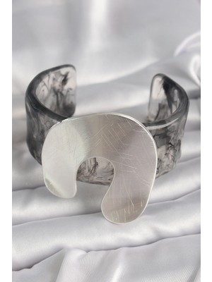 Norino Siyah Mermer Desen Akrilik Plaka Vintage Kadın Bilezik