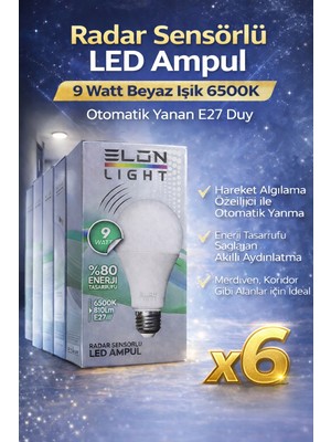 Norino Radar Sensörlü LED Ampul 9 Watt Beyaz Işık 6500K Otomatik Yanan E27 Duy 6 Adet