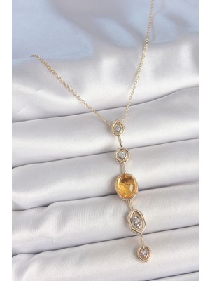 Norino Pirinç Zincir Kehribar Sarı Gold Renk  Zirkon Taşlı Y Kolye