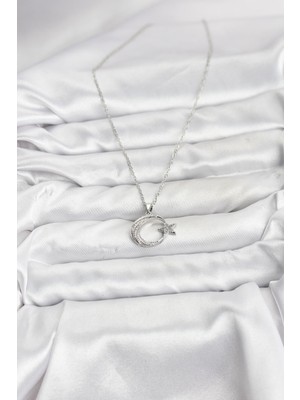 Norino 316L Çelik Zincir Gümüş Renk Ay Yıldız Model Zirkon Taşlı Kadın Kolye