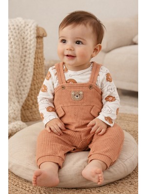 Atlas Baby House Erkek Ayıcık Desenli Waffle Kumaş Baskılı Uzun Kollu Bebek Tulum Takımı