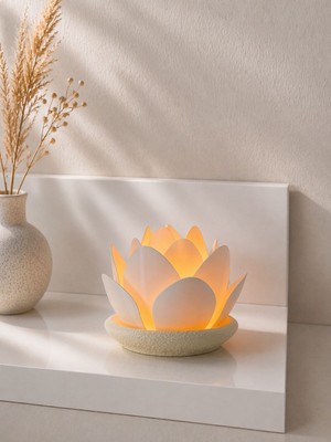 Zulya Minimalist Lotus LED Mumluk – Dekoratif 3D Baskı Mumluk – Modern Ev Dekoru – Tealight LED Uyumlu