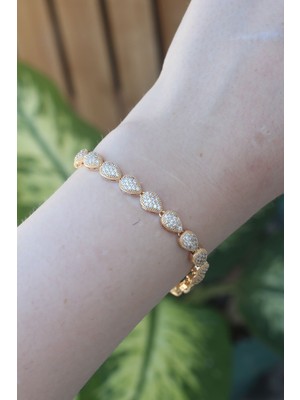 Norino Vip Seri Pirinç Zirkon Taşlı Gold Renk Damla Model Bileklik