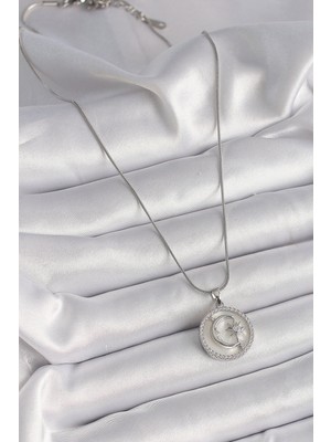 Norino 316L Çelik Gümüş Renk Zincir Zirkon Taş Detaylı Beyaz Sedefli Ay Yıldız Işleme Kadın Kolye