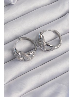 Norino Pirinç Gümüş Renk Zirkon Taşlı Samanyolu Küpe