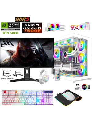 Apphirex TCX57 Ryzen 5 7500F 16GB Ddr5 512GB M2 SSD RTX5060 27'' Curved 300Hz Beyaz Sıvı Soğutmalı Masaüstü Oyun Bilgisayarı