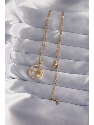 Norino 316L Çelik Zincir Gold Renk Zirkon Taşlı Yıldız Figürlü Oval Kolye