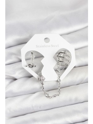 Norino Pirinç Gümüş Renk Sarmal Model Zincir Bağlantılı Ear Cuff Küpe Seti