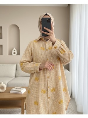 Moda Morfo Çiçek Nakışlı Kareli Gömlek -Turuncu