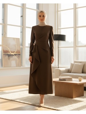 Moda Morfo Önü Allerli Eteği Asimetrik Krep Elbise   -Kahve