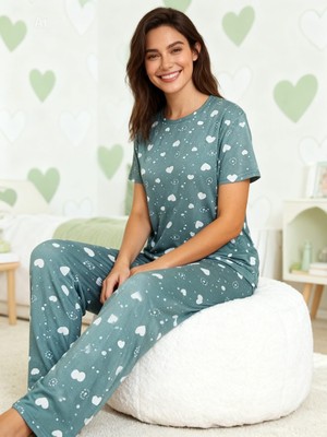NiCe İç Giyim Yeşil Renk Kalp Desen Bisiklet Yaka Milan Kumaş Mevsimlik Kadın Pijama Takım