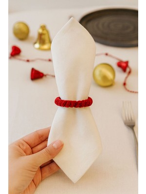 Özgürce El Yapımı Kırmızı Kurdela Burgu Dokulu Peçete Halkası (4'lü)