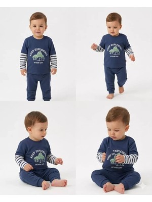 Bemy Store 6/24 Ay Çizgili Kol Detaylı Baskılı Bebek Takımı