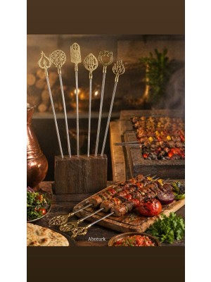 Abnturk 6lı Pirinç Saplı Motifli Paslanmaz Çelik 6 adet Kebap Şişi Ömür Boyu Garantilidir, Nostaljik Görünümle Sadece Türkiyede Özel olarak Üretilir, Dünyadaki En iyi Mangal Kebap şişleri