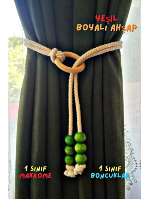 Özgürce Yeşil Ahşap Makrome Perde Bağlama Bağı, Bohem Tarzı Dekorasyon