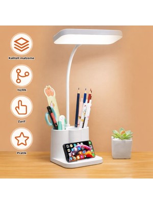 Linalp Şarjlı LED Masa Lambası Kalemlikli Telefon Standlı Dokunmatik Esnek Gövdeli Çalışma Lambası 9852SLAMPMASA5 Masa ve Gece Lambası