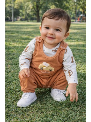 Atlas Baby House Erkek Bebek Nakışlı Arabalı Hardal 2'li Salopet Takımı