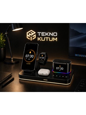 teknokutum 5'i 1 Arada 25W Qi2 Manyetik Kablosuz Şarj Standı Bluetooth Hopörler Alarm Saat LED Işık