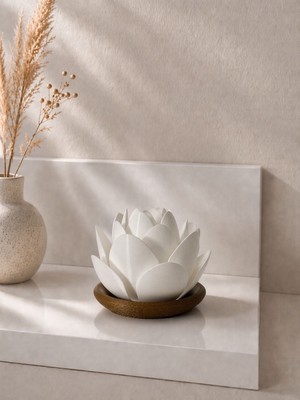 Zulya Minimalist Lotus LED Mumluk – Dekoratif 3D Baskı Mumluk – Modern Ev Dekoru – Tealight LED Uyumlu