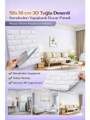 Özgürce 58X38 cm 3D Tuğla Desenli Kendinden Yapışkanlı Beyaz Duvar Paneli