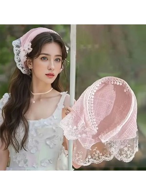 Pembe Kadın & Kız Çocuk Dantel Detaylı Bandana Pembe Üçgen Saç Bandı Taç Vintage Yazlık Şal Tarzı