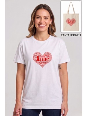 Windy Island Anneler Günü'ne Özel Kadın Bisiklet Yaka "anne" Baskılı %100 Pamuk T-Shirt + Bez Çanta Hediyeli