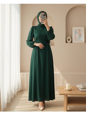 Moda Morfo Hakim Yaka Belden Bağlamalı Elbise  -Zümrüt