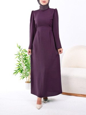 Moda Morfo Hakim Yaka Belden Bağlamalı Elbise  -Mürdüm