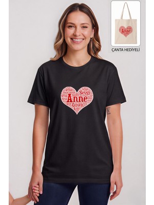 Windy Island Anneler Günü'ne Özel Kadın Bisiklet Yaka "anne" Baskılı %100 Pamuk T-Shirt + Bez Çanta Hediyeli