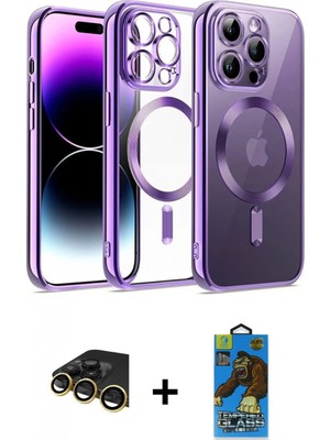 Marsilyan™- iPhone 14 Pro Kılıf Nova Işık Özel Seri - Siyah 18D Cam Ekran Koruyucu + Gold Raze Metal Kamera Lens