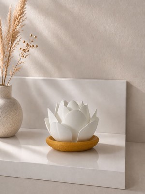 Zulya Minimalist Lotus LED Mumluk – Dekoratif 3D Baskı Mumluk – Modern Ev Dekoru – Tealight LED Uyumlu