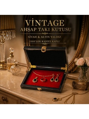 Vintage Ahşap Takı Kutusu – Siyah & Altın Yaldız – 1980’LER Kadife Kaplı