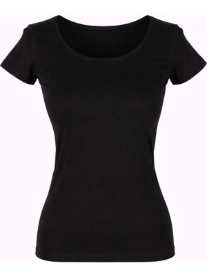 Trender Derin Yaka Siyah Kadın T-Shirt 2603-04