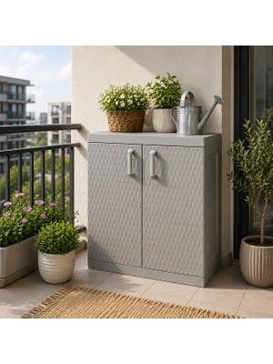 Csb Store Rattan Mega Plastik Dolap 2 Raflı Gri 89X84X96 cm – Suya Dayanıklı Bahçe Balkon Banyo Dolabı