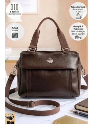 Lifonbag Kadın 5 Bölmeli Astarlı Fermuar Kapama 2 Askılı El Kol ve Omuz Çantası (33X22X11 Cm)