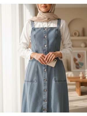 Moda Morfo Boydan Düğmeli Çift Cepli Kot Salopet -Buz Mavi