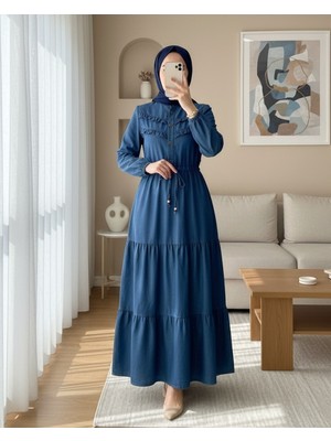 Moda Morfo Yarım Düğmeli Önü Fırfırlı Parçalı Kot Elbise -Indigo