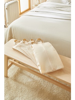Ocean Home Textile 4'lü Bej Balıksırtı Ayakkabı Düzenleyici Taşıma Çantası Seti 22 x 40 x 9 cm