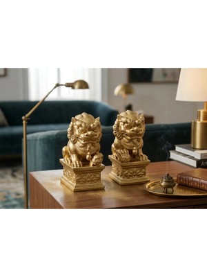 Freya Feng Shui Altın Koruyucu Aslan Figürü (Çift) – Güç, Koruma ve Zenginlik Sembolü