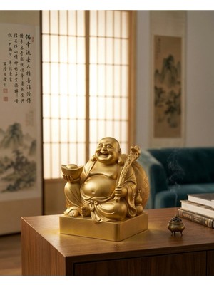 Freya Feng Shui Altın Gülen Buddha Heykeli – Şans, Zenginlik ve Pozitif Enerji Dekoru