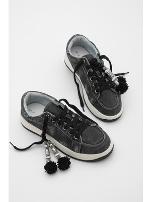 Marjin Kadın Sneaker Kalın Taban Denim Çıkarılabilir Boncuklu Tokalı Spor Ayakkabı Porento Siyah Kot